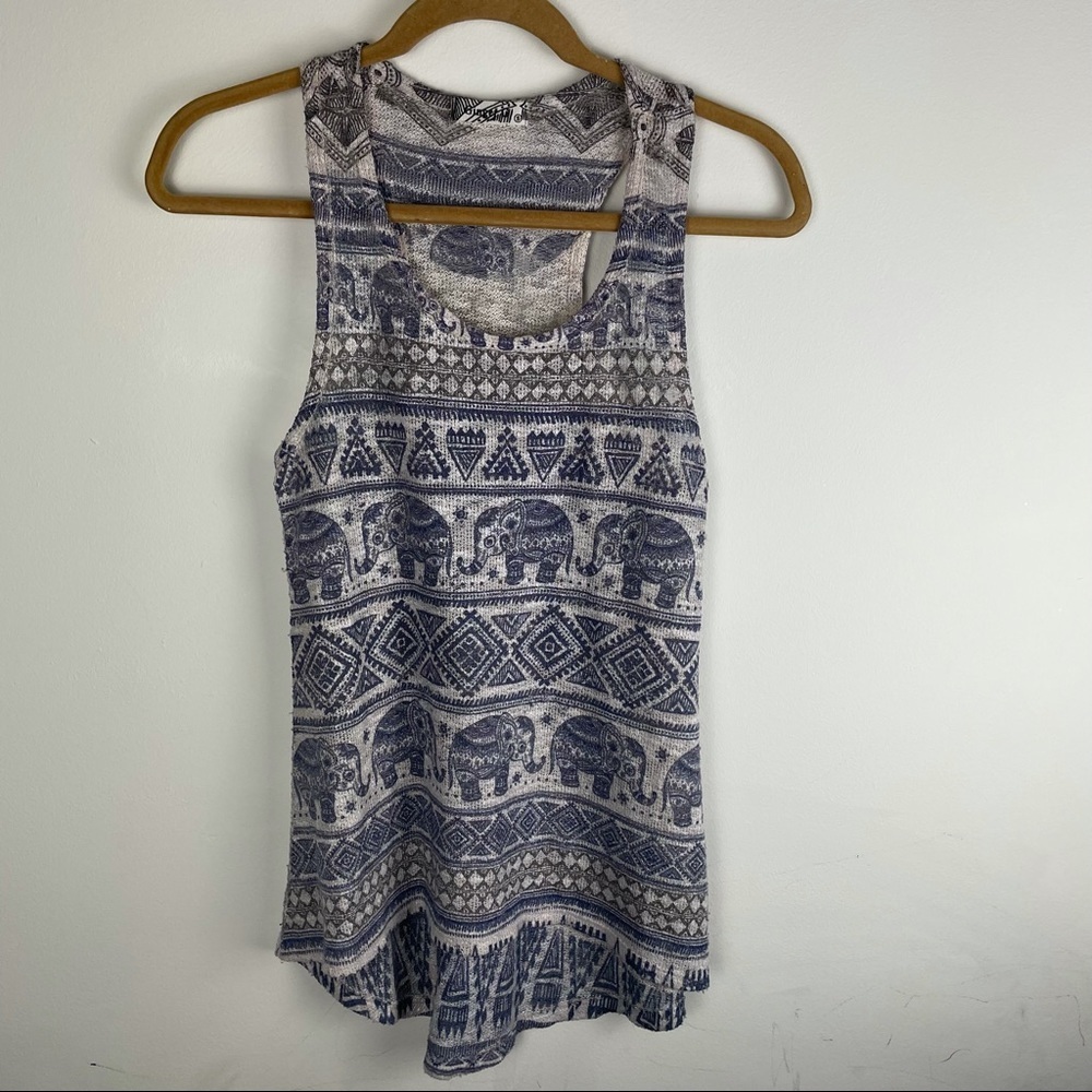 Aztec Elephant Racer Back Gray & Blue Graphic Tank Size Small